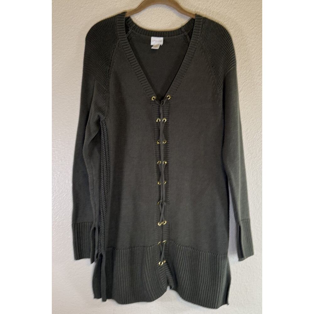 CHICO’S Size 1/Medium Green Gold Cotton Blend Lace Up LEA Sweater Tunic Top